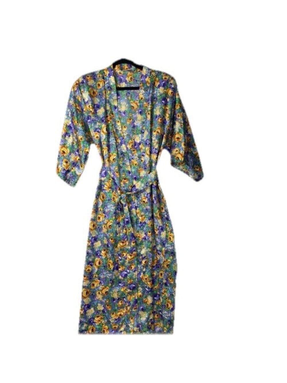 Vintage T Rose Robe Belted Pockets Satin Womens M/L Midi Floral Cottagecore